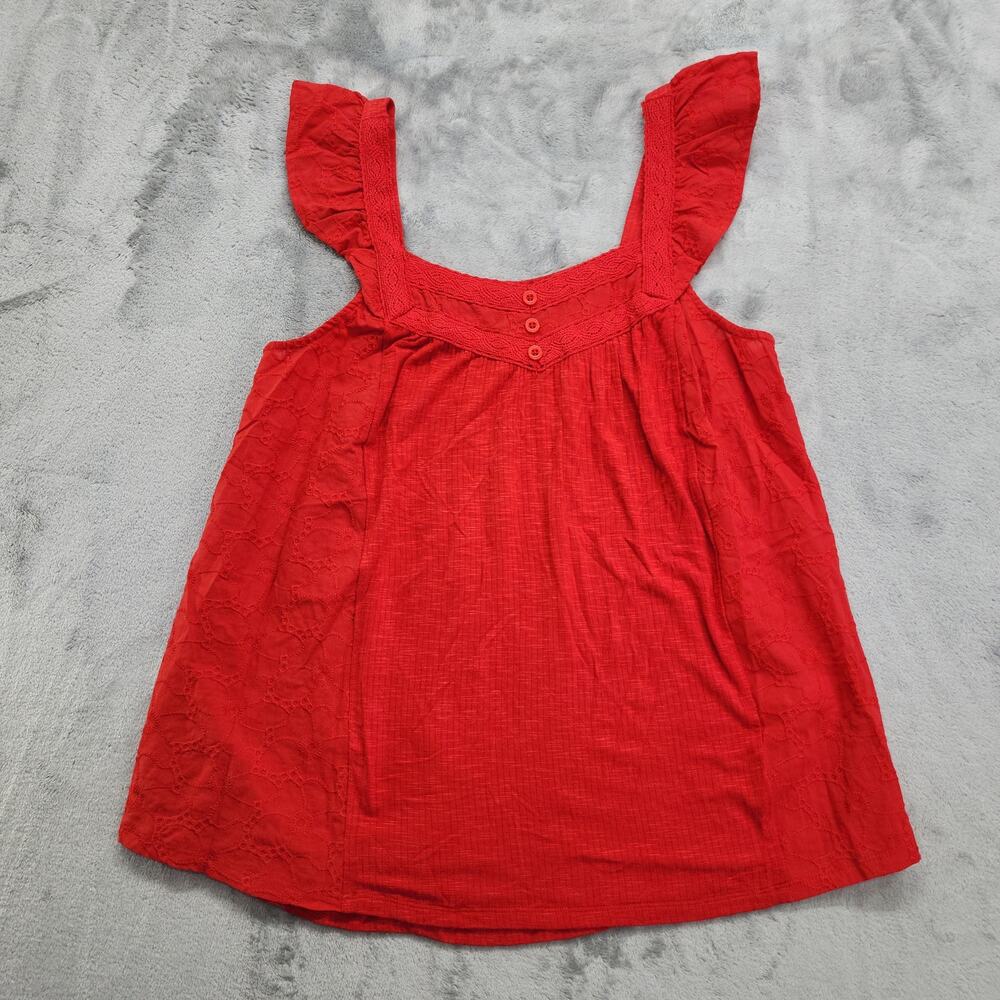Maurices Top Womens S Red‎ Ruffled Flutter Sleeve Tank Button Detail Lace Flowy